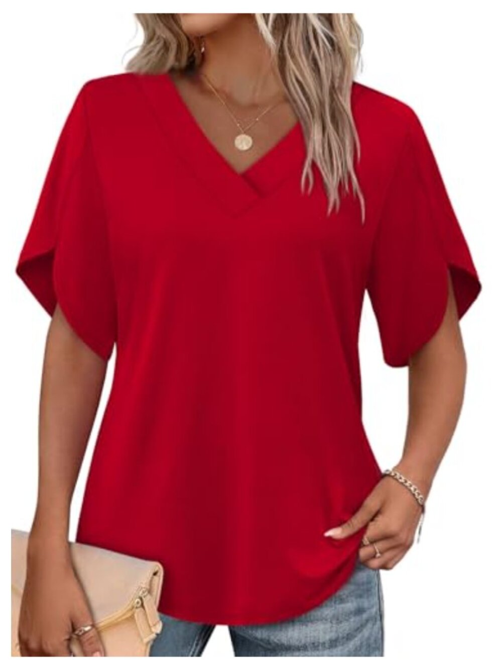 Womens Summer Top Split Petal Sleeve V Neck Loose Fit Short Sleeve Blouse